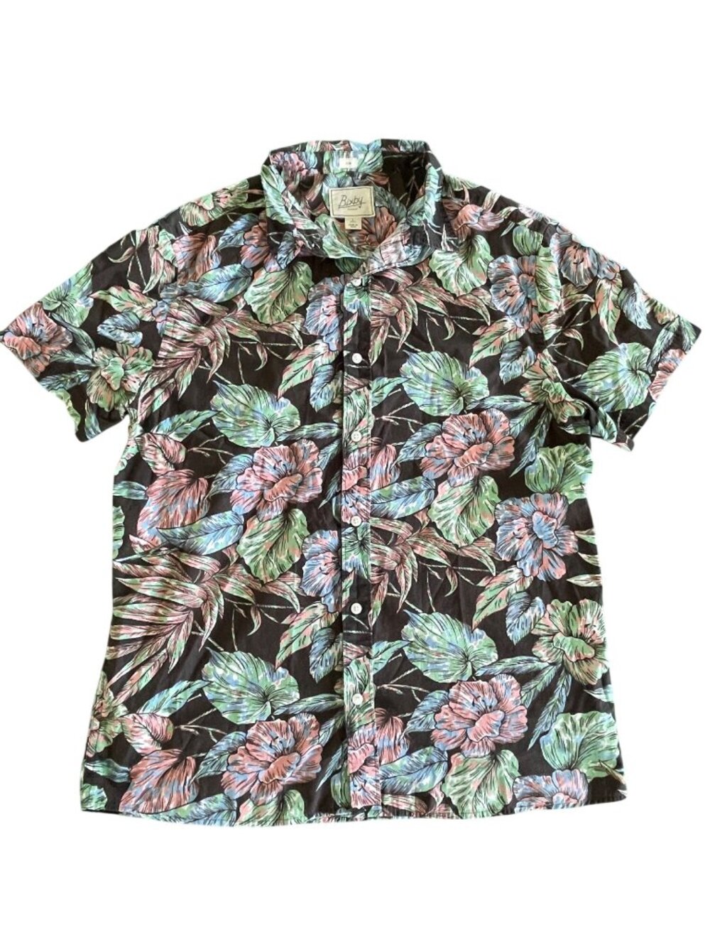 Bixby Nomad Mens Slim Fit Floral Hawaiian Button-Down Shirt L Short Black Cotton